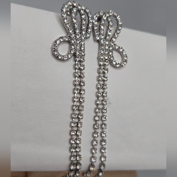 Silver 925 Rhinestone Butterfly Bow Tassel Drop Stud Earrings 3" Long - Picture 3 of 7